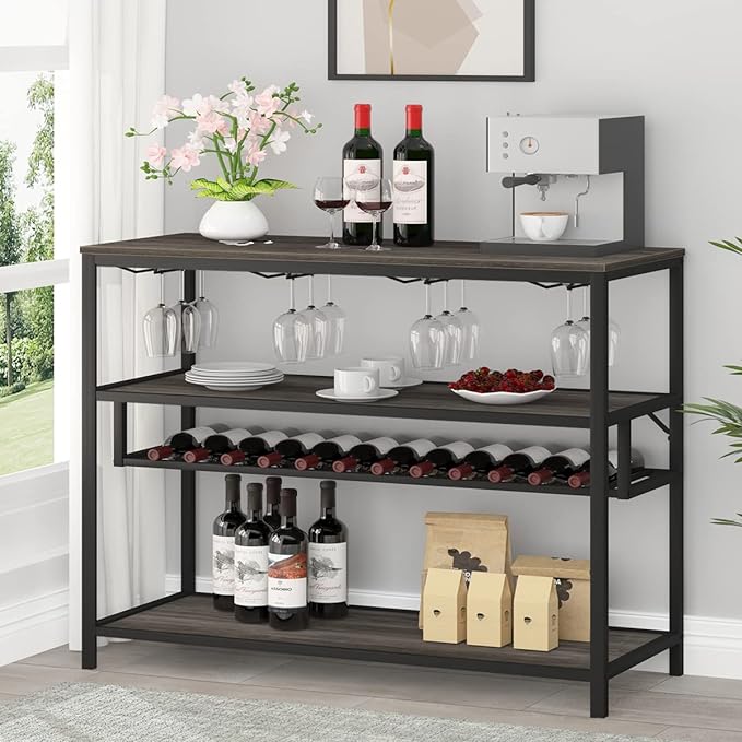 Wine Rack Table, Modern Metal and Wood Wine Bar Cabinet Freestanding Floor