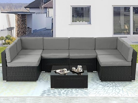 7 Piece Outdoor Patio Furniture Set, Black PE Rattan Wicker Sofa Set