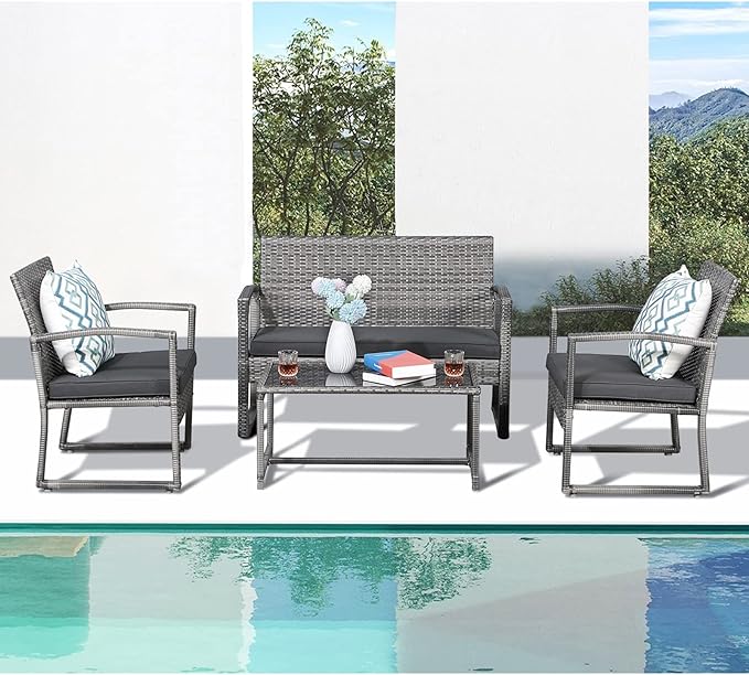 4 Pieces Outdoor Patio Furniture, Wicker Conversation, Modern Bistro Set