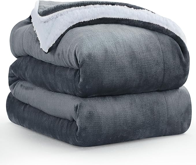 Warm Throw Blanket King - Thick Sherpa Flannel Reversible Blanket Grey for King Size