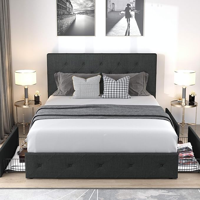 Full Upholstered Storage Bed Frame with 4 Drawers & Adjustable Headboard