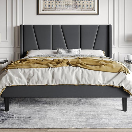 Upholstered Platform Bed with Modern Geometric Wingback Headboard