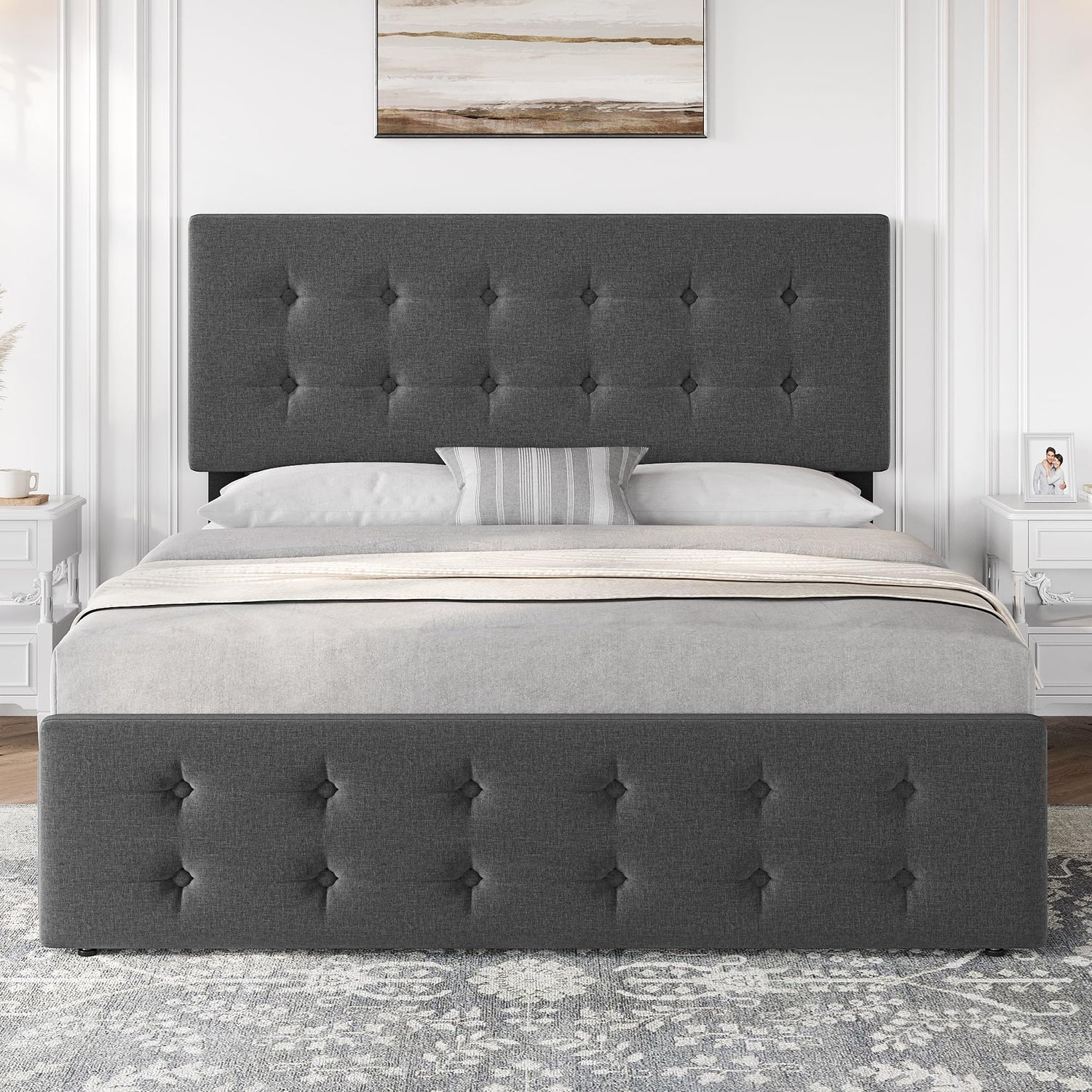 Dark Grey Upholstered Full Bed Frame with Tufted Headboard – Front View