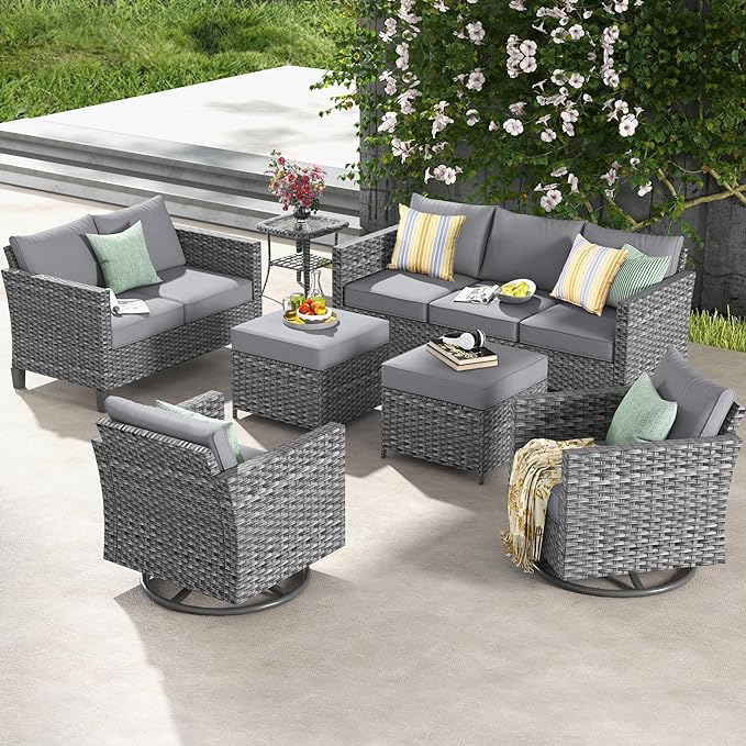 5 Pieces Outdoor Wicker Rattan Sofa Couch with Ottomans and Comfy