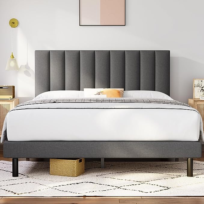 Full Size Bed Frame Upholstered Platform with Headboard and Strong Wooden