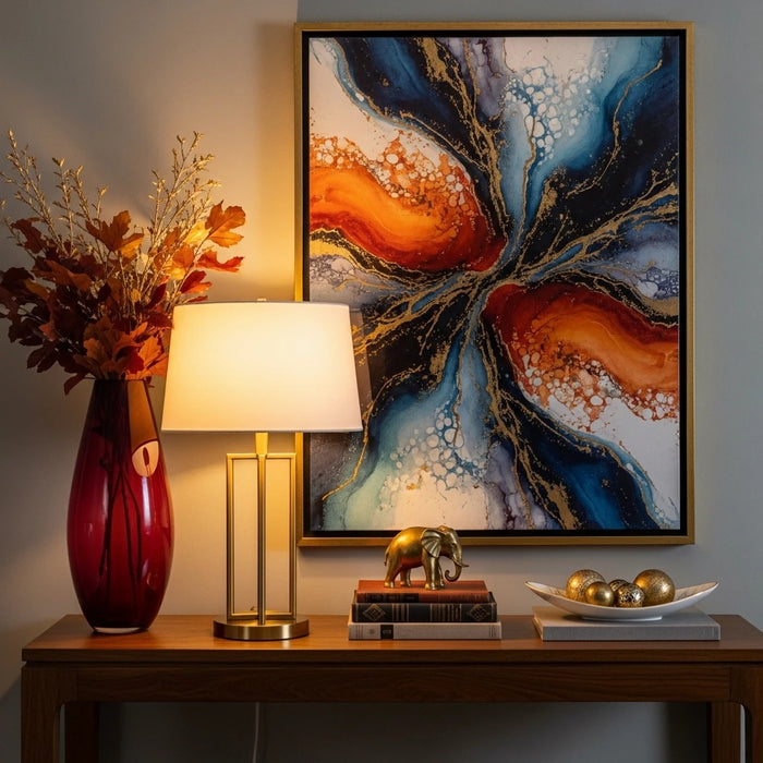 A modern console table showing unique and stylish holiday decor.
