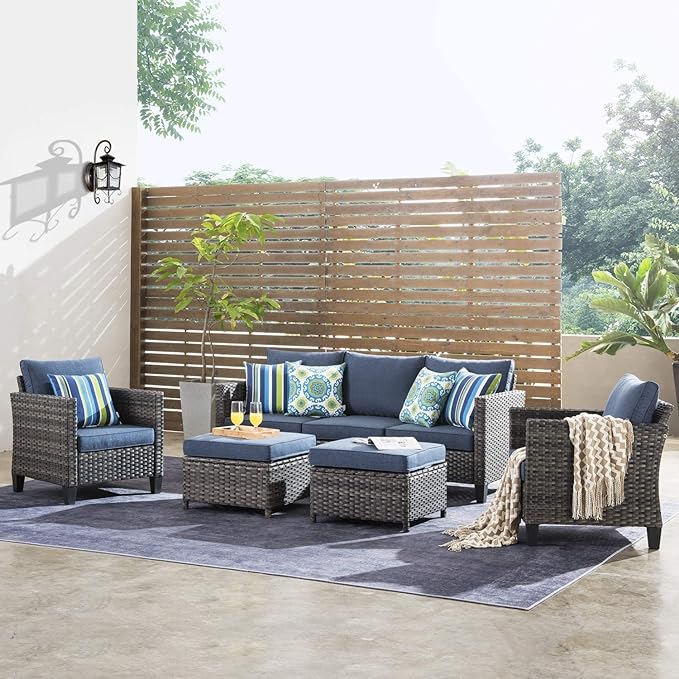 5 Pieces Outdoor Wicker Rattan Sofa Couch with Chairs and Ottomans