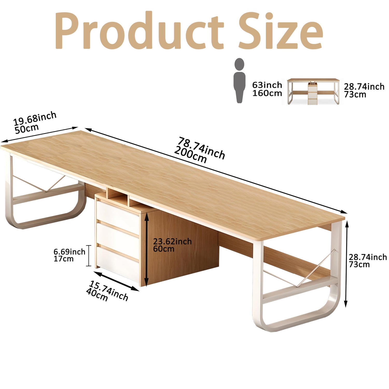 Dimensions of the two-person office desk with a wide tabletop and ergonomic design.