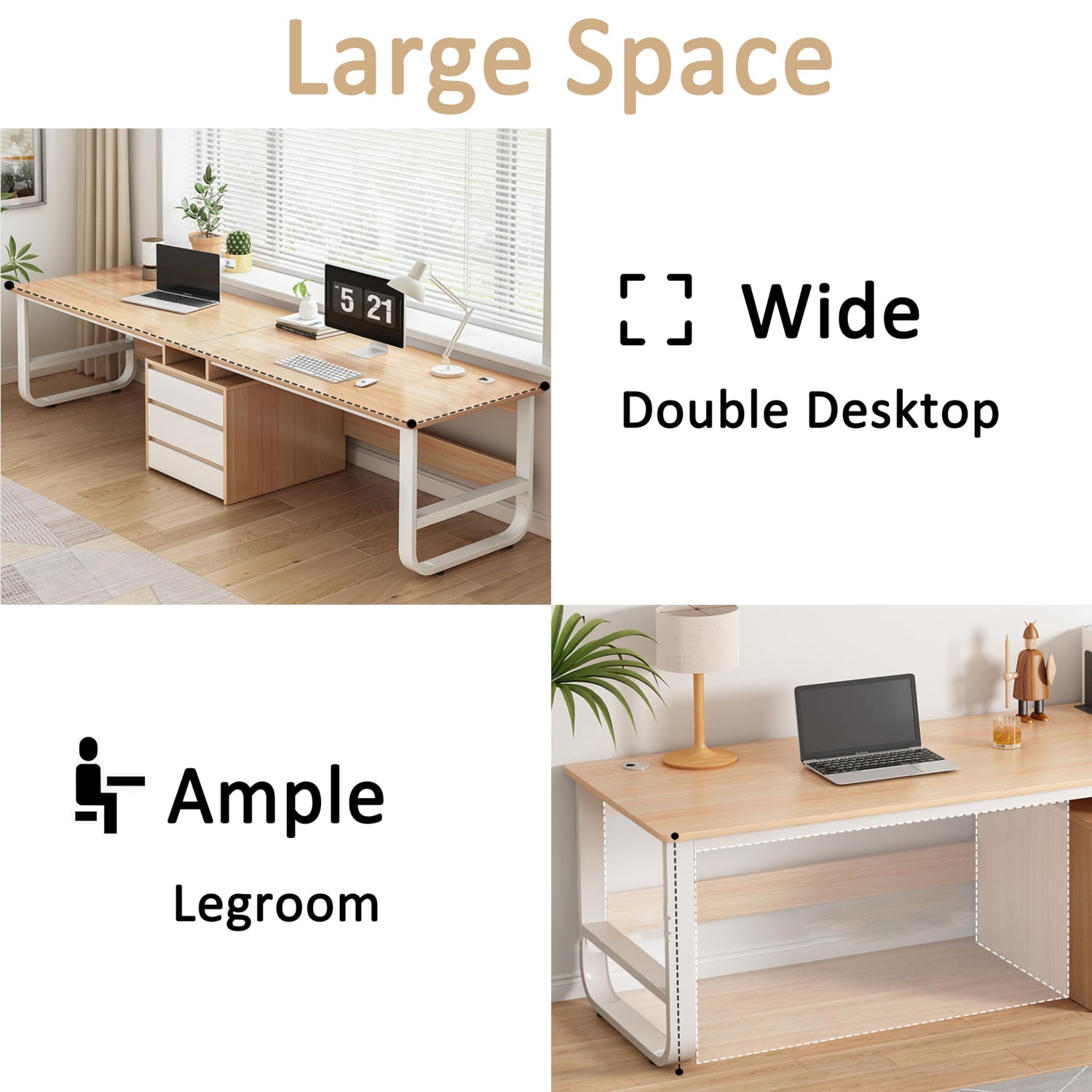 Double computer desk with laptops, books, and decor for a functional workspace