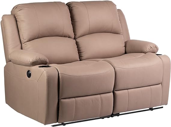 Dual RV recliner loveseat in sand color with padded armrests