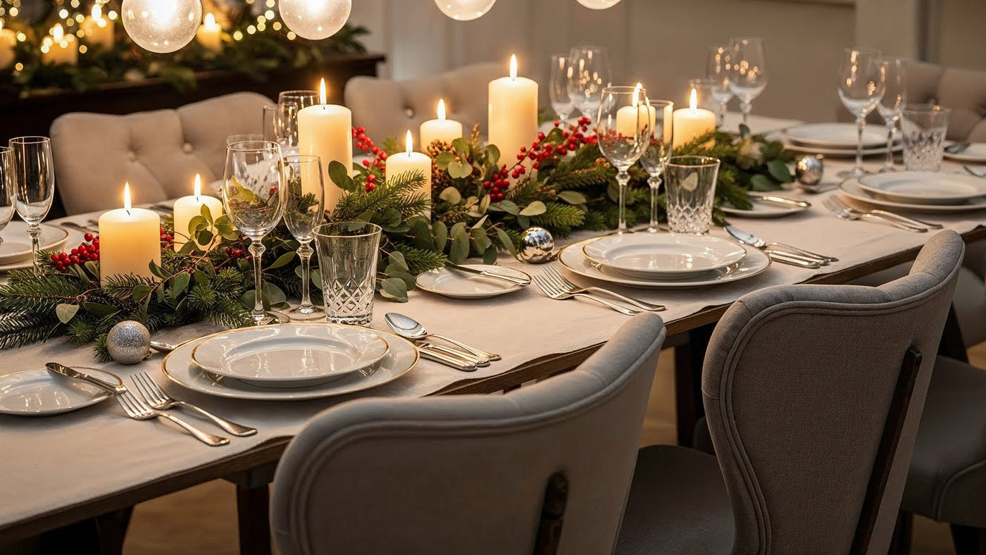 Elegant holiday dining table with Bircata dining chairs.