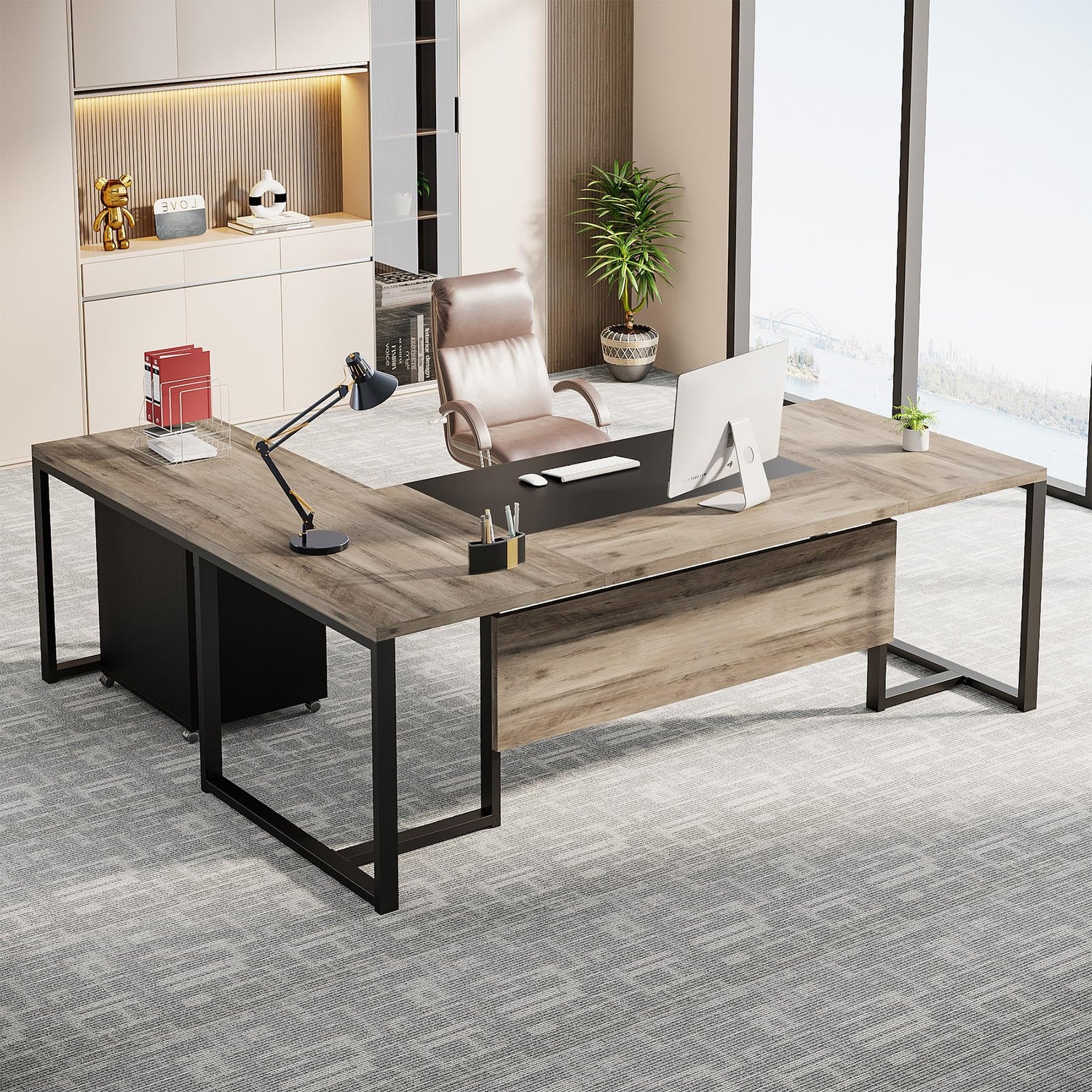 Elite 70.8” L-Shaped Executive Desk in Dark Walnut & Black