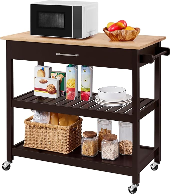 Kitchen Island Cart on Wheels, 3 Tiers Rolling Utility Cart with Solid Wood