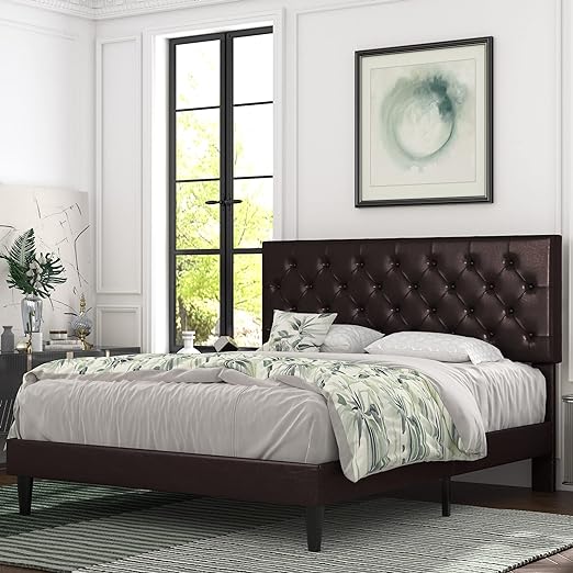 Queen Bed Frame with Adjustable Headboard/Diamond Stitched Button Tufted/Fabric