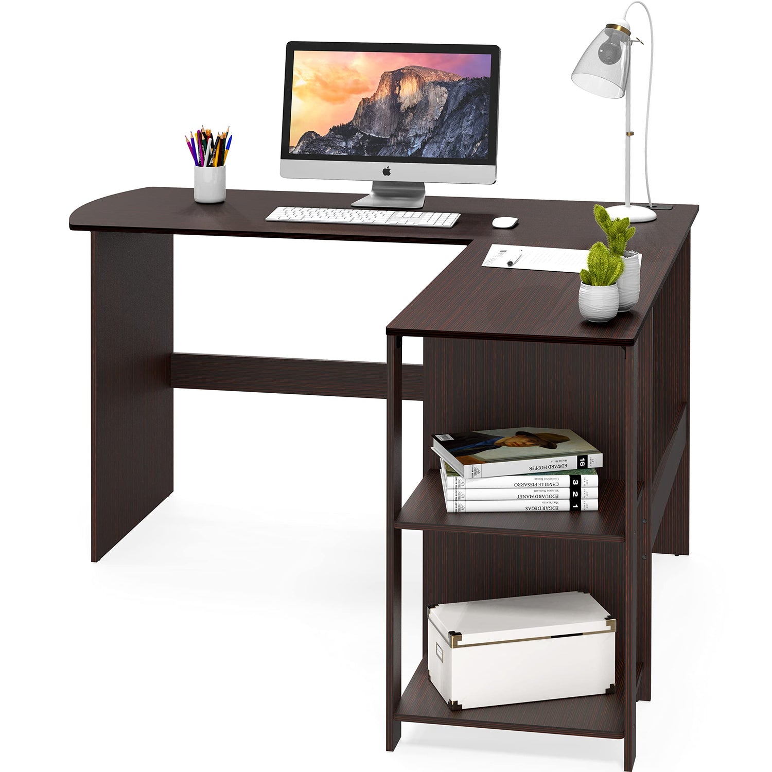 Espresso L-Shaped Desk with Storage Shelves and Books