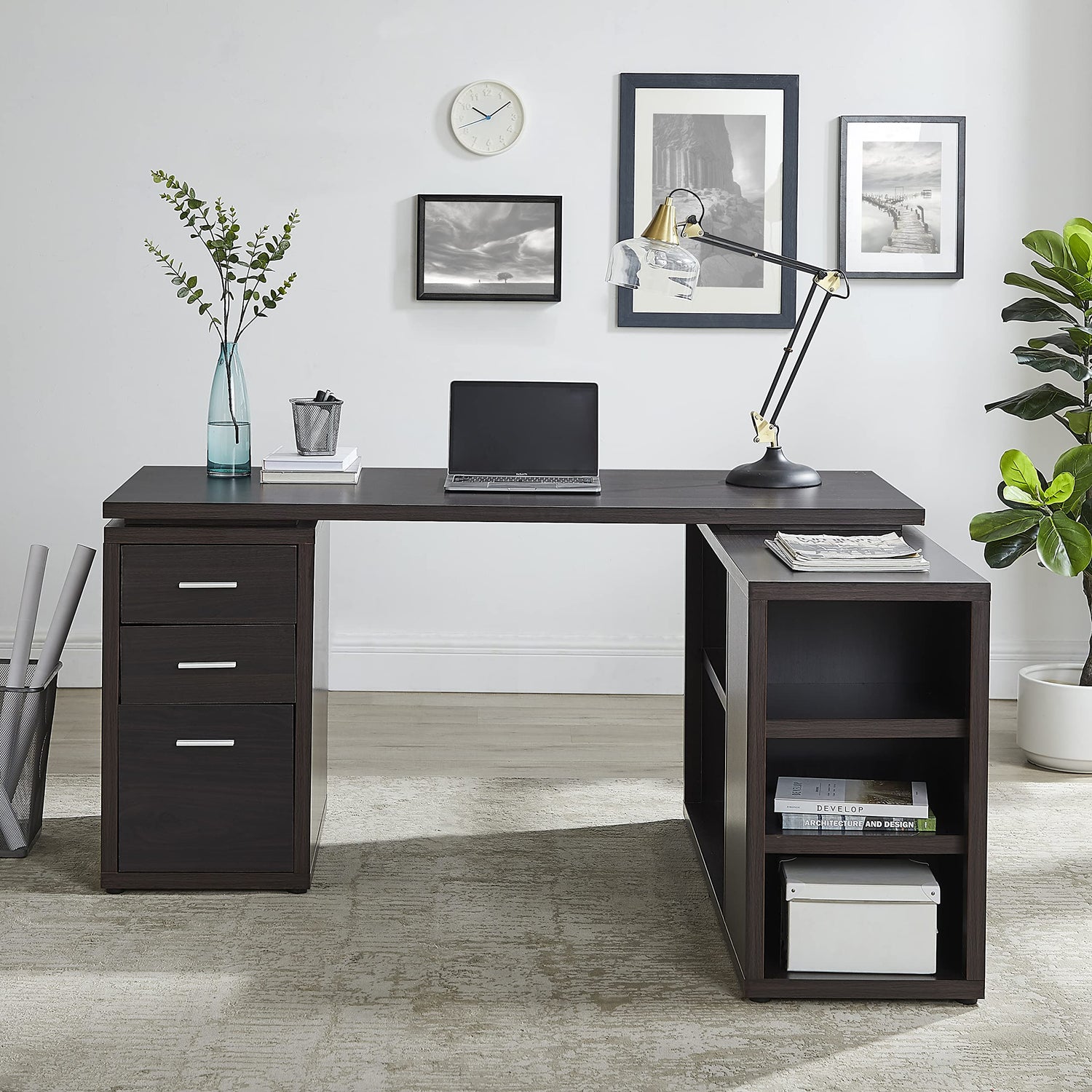 Espresso L-Shaped Executive Desk with Storage Drawers