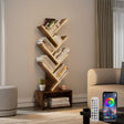Evermagin tree bookshelf with LED lights - full view installed in living roo