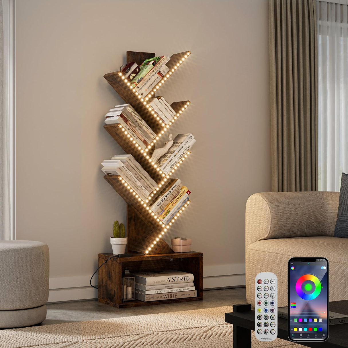 Evermagin tree bookshelf with LED lights - full view installed in living roo