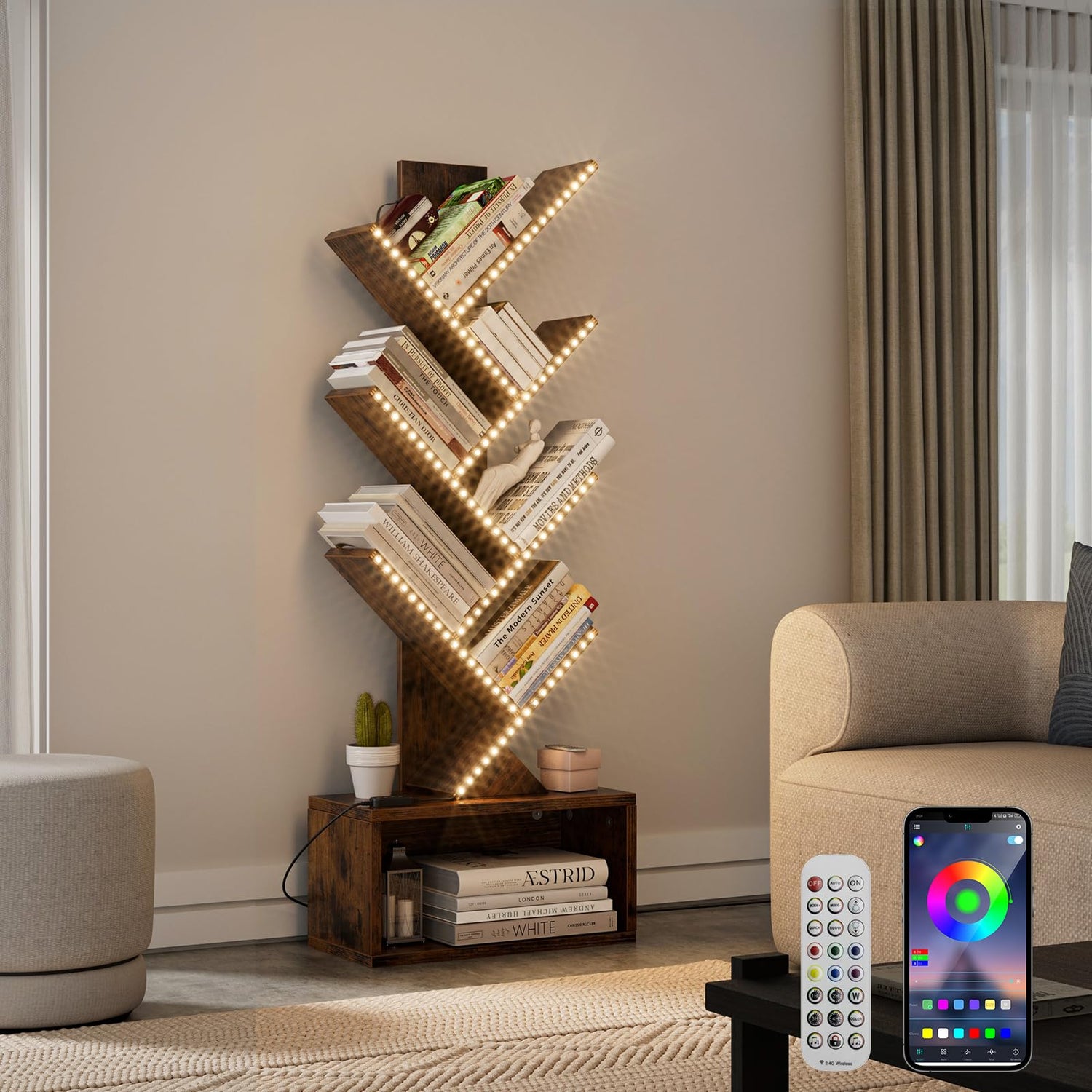 Evermagin tree bookshelf with LED lights - full view installed in living roo