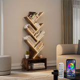Evermagin tree bookshelf with LED lights - full view installed in living roo