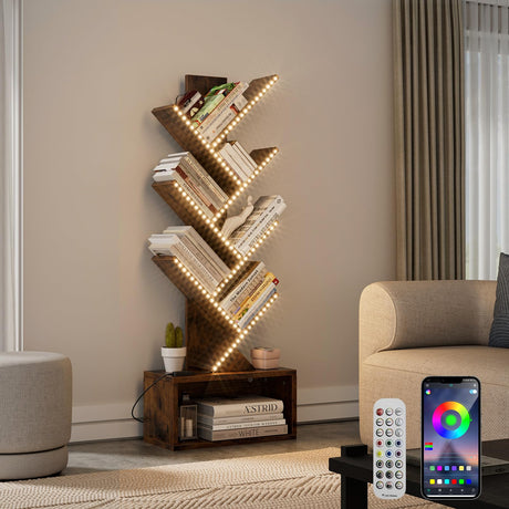 Evermagin tree bookshelf with LED lights - full view installed in living roo