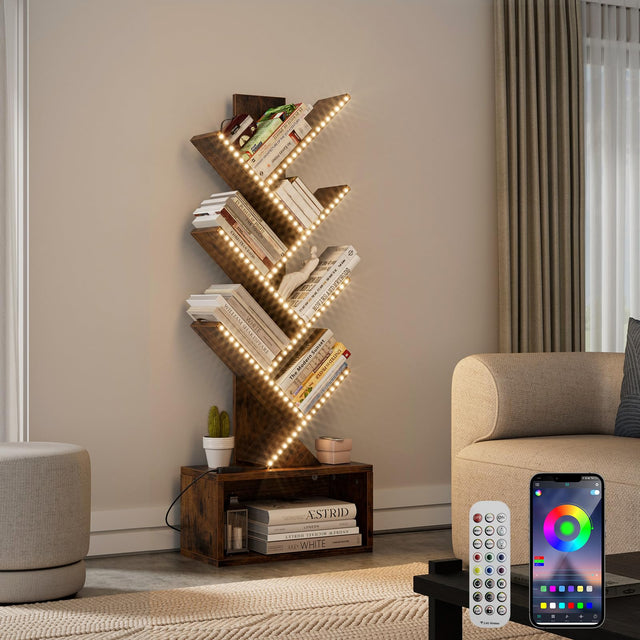 Evermagin tree bookshelf with LED lights - full view installed in living roo