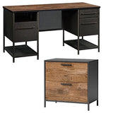 Executive desk set with lateral file cabinet in vintage oak and black metal