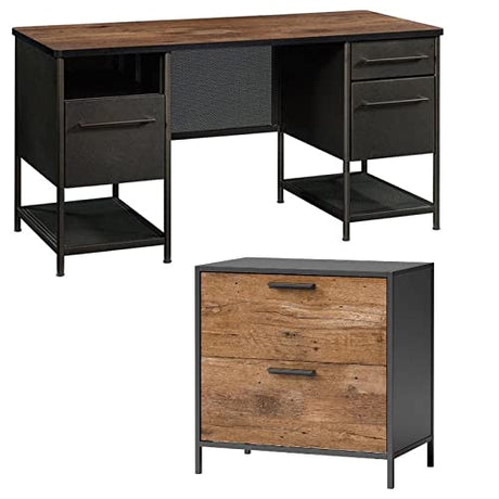 Executive desk set with lateral file cabinet in vintage oak and black metal