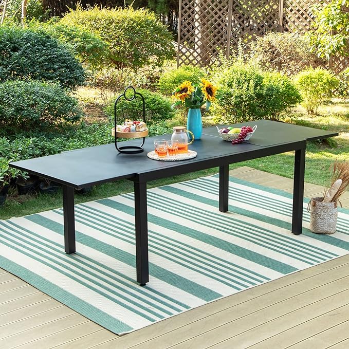 Black Expandable Patio Dining Tables Metal Outdoor Table for 6-8 Person Lawn Garden