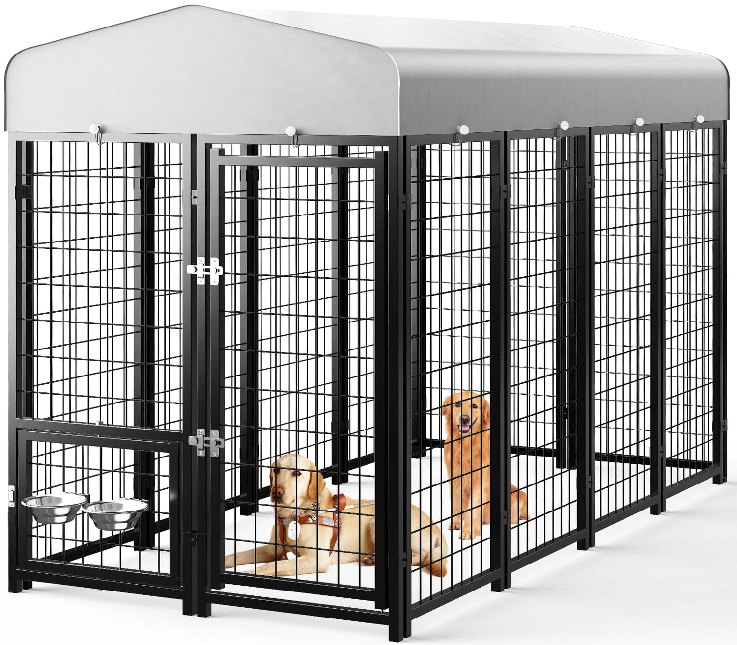 Expandable steel dog kennel with height-adjustable feeders and double locks