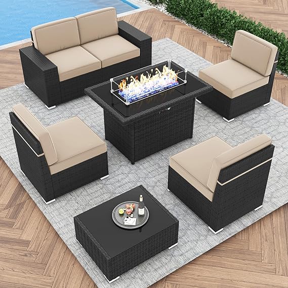 Outdoor Patio Furniture Set with 44" Fire Pit Table Rattan Sectional Sofa