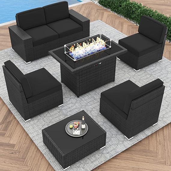 Outdoor Patio Furniture Set with 44" Fire Pit Table Rattan Sectional Sofa