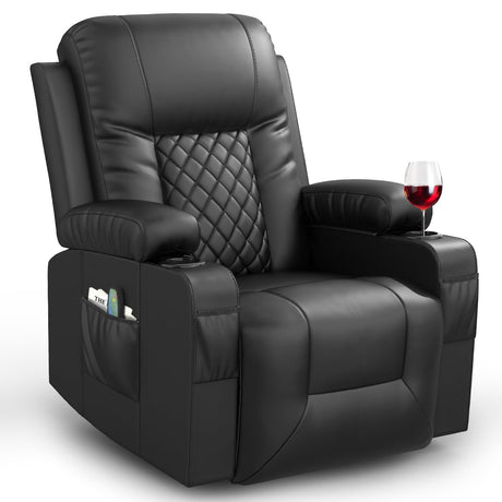 FURNIMAT OasisGlide Oversized Recliner in Black Leather