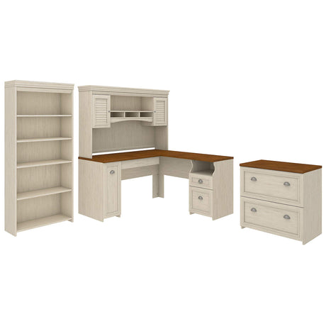 Fairview L-Shaped Desk with Hutch, 5-Shelf Bookcase, and File Cabinet