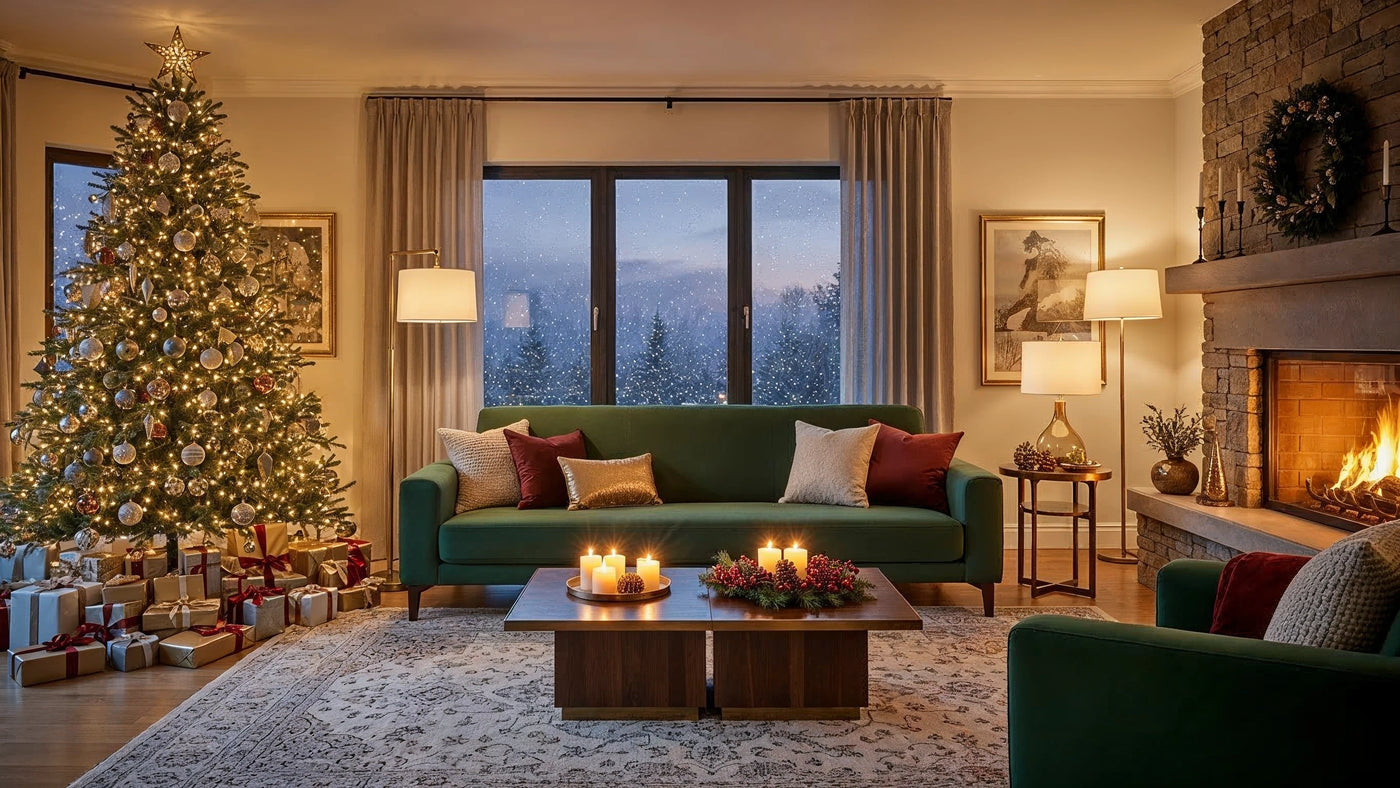 Festive living room with a modern Bircata sofa and a Christmas tree.