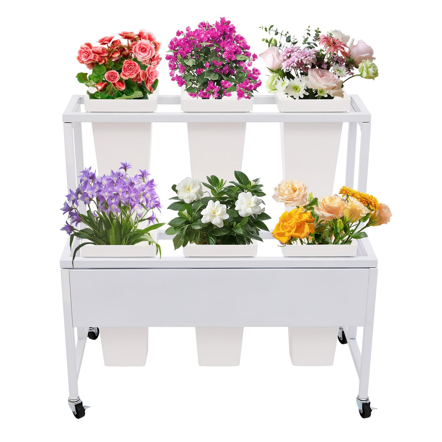 Floral arrangement rack with removable buckets for easy watering