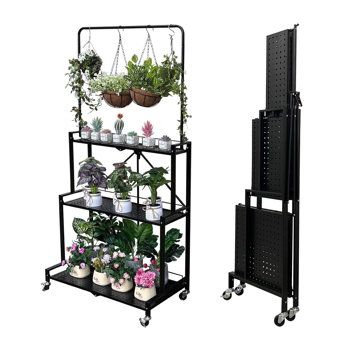 FoldNest 4 foldable 4-tier hanging plant stand with wheels