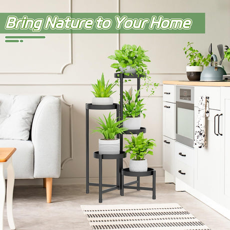 Foldable 5-tier metal plant stand for indoor and outdoor use
