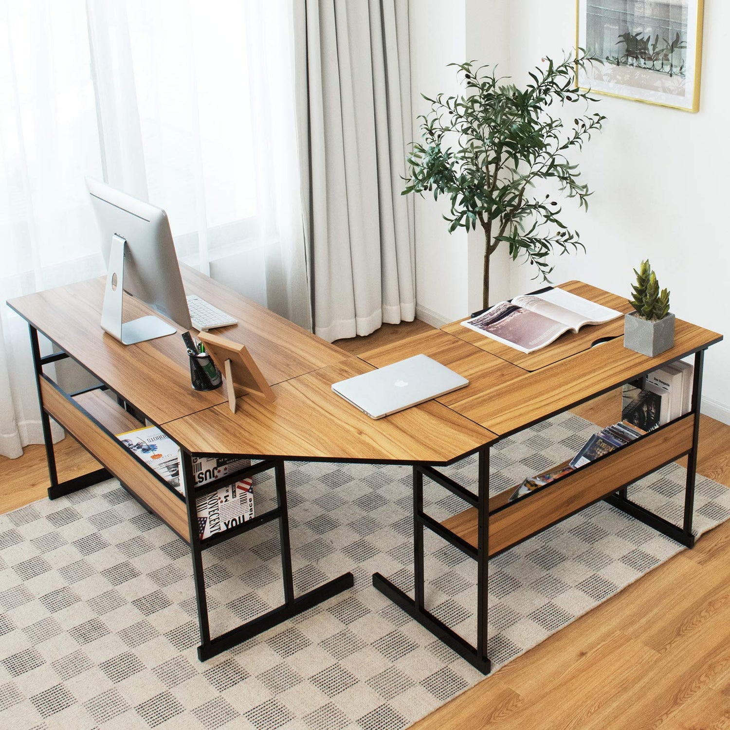 Foldable industrial-style L-shaped workstation with metal frame