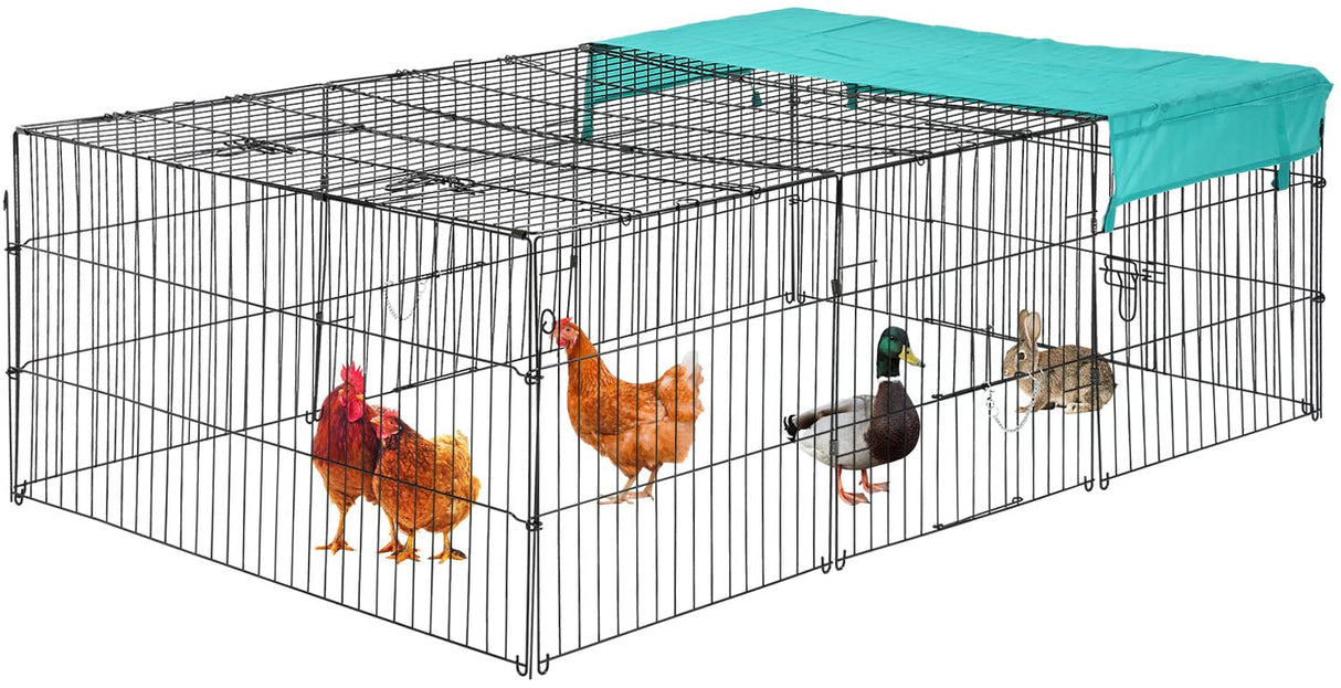 Foldable pet playpen with rustproof panels and weatherproof tarp