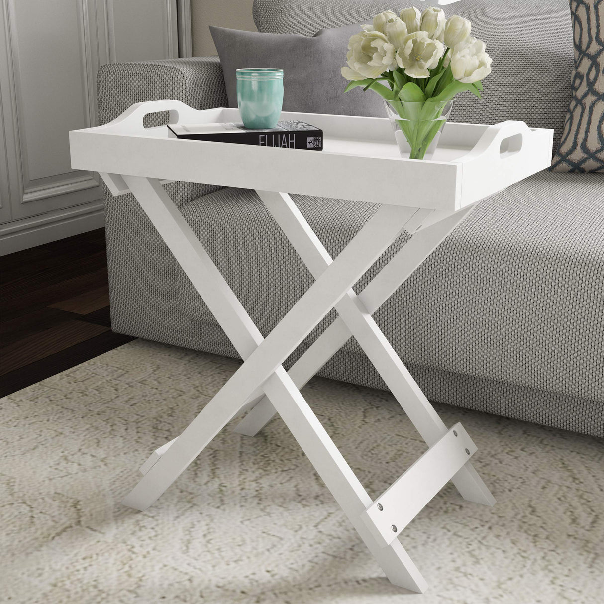 Folded FlexServe tray table showing compact storage