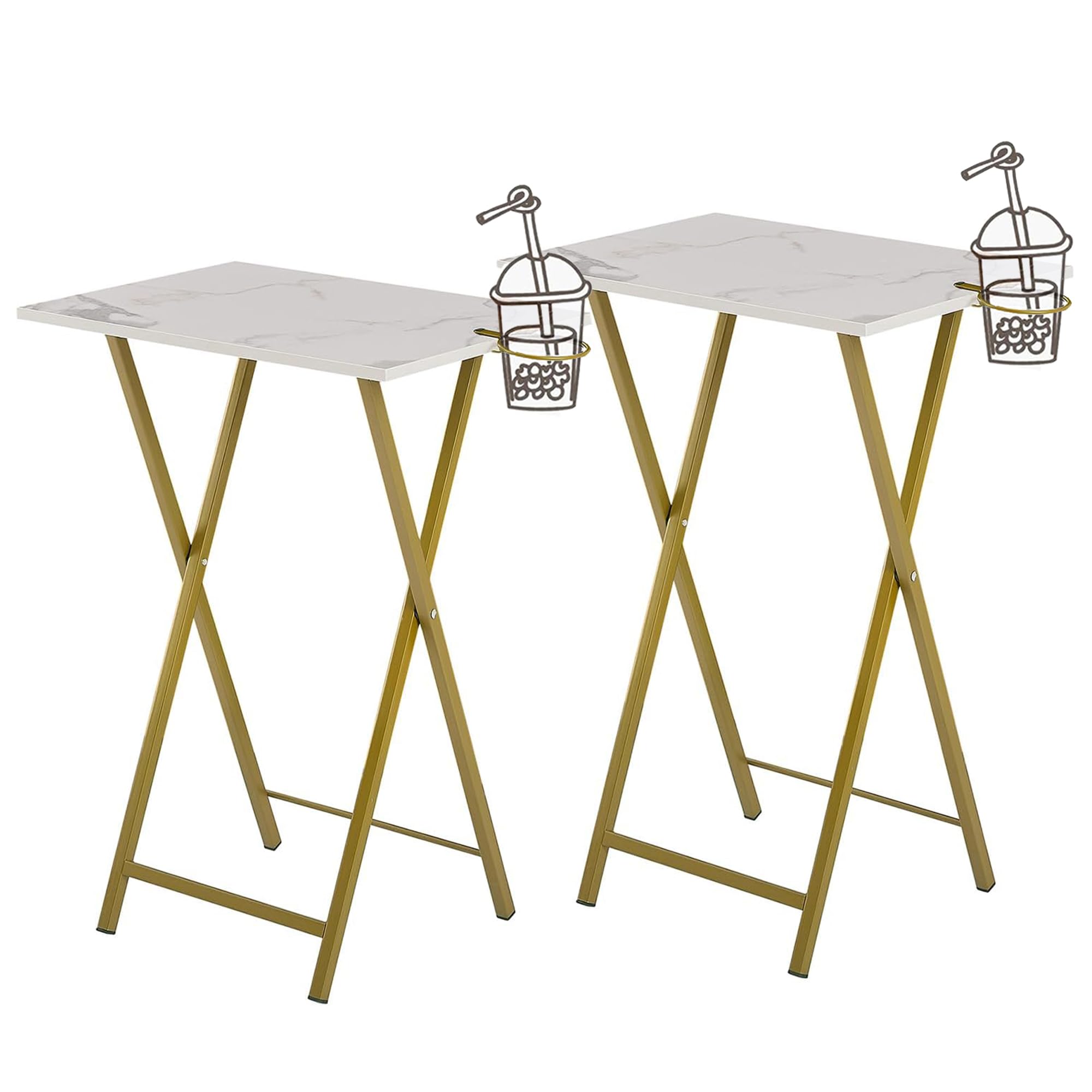Folding marble snack tray table with gold frame – set of 2