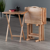 Folding tray table set in light wood with storage rack
