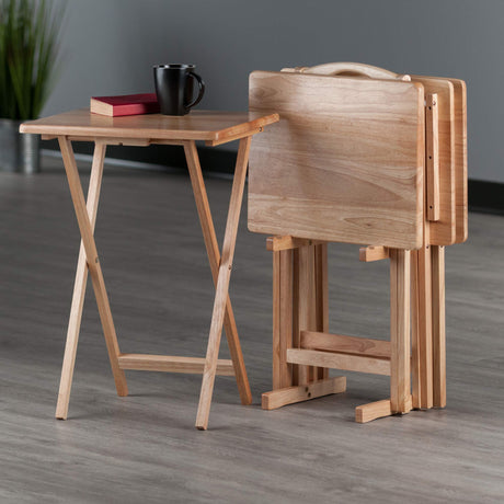 Folding tray table set in light wood with storage rack