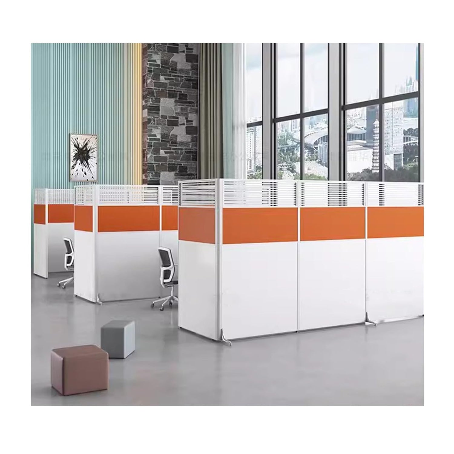 Freestanding office privacy panel in blue and white color with aluminum frame
