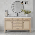 Front view of Ariel white oak bathroom vanity with rattan door accents and quartz top