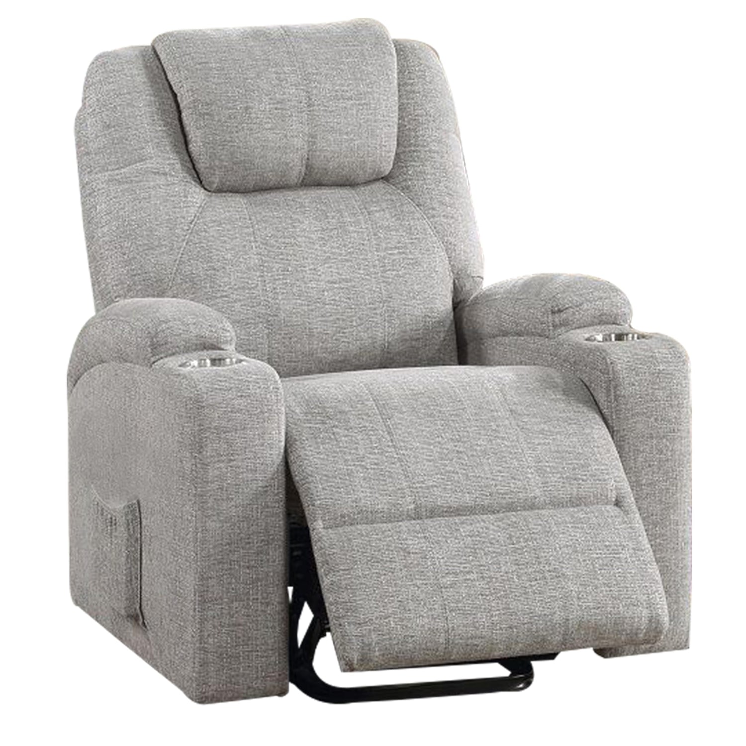 Front view of Benjara Evans 37-inch power lift recliner in light gray chenille