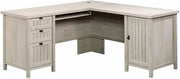 Front view of Coastal Wood L-Shaped Computer Desk in Chalked Chestnut.