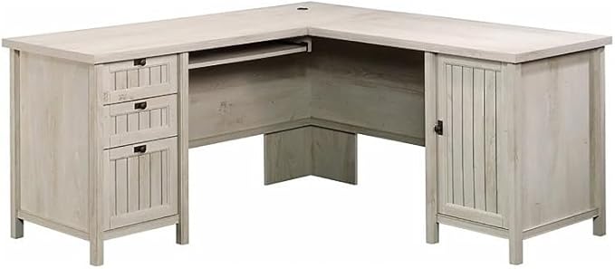 Front view of Coastal Wood L-Shaped Computer Desk in Chalked Chestnut.
