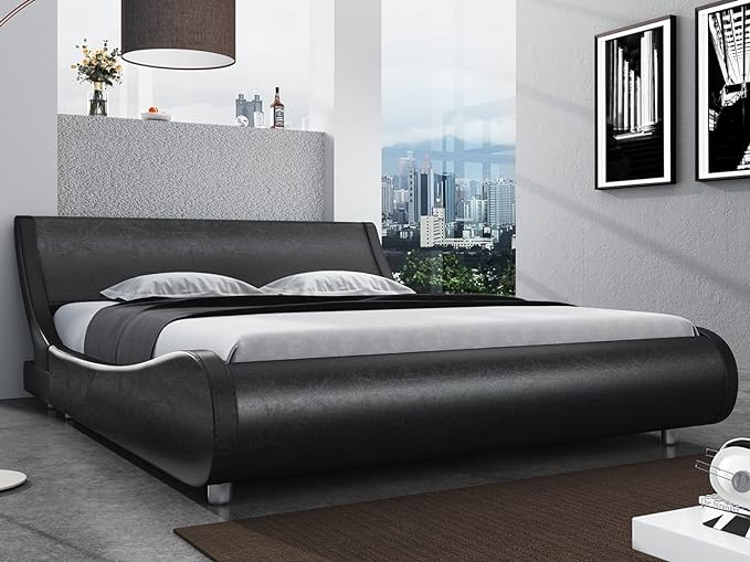 Modern Low Profile Platform Bed Frame Queen Size, Stylish Faux Leather Upholstered